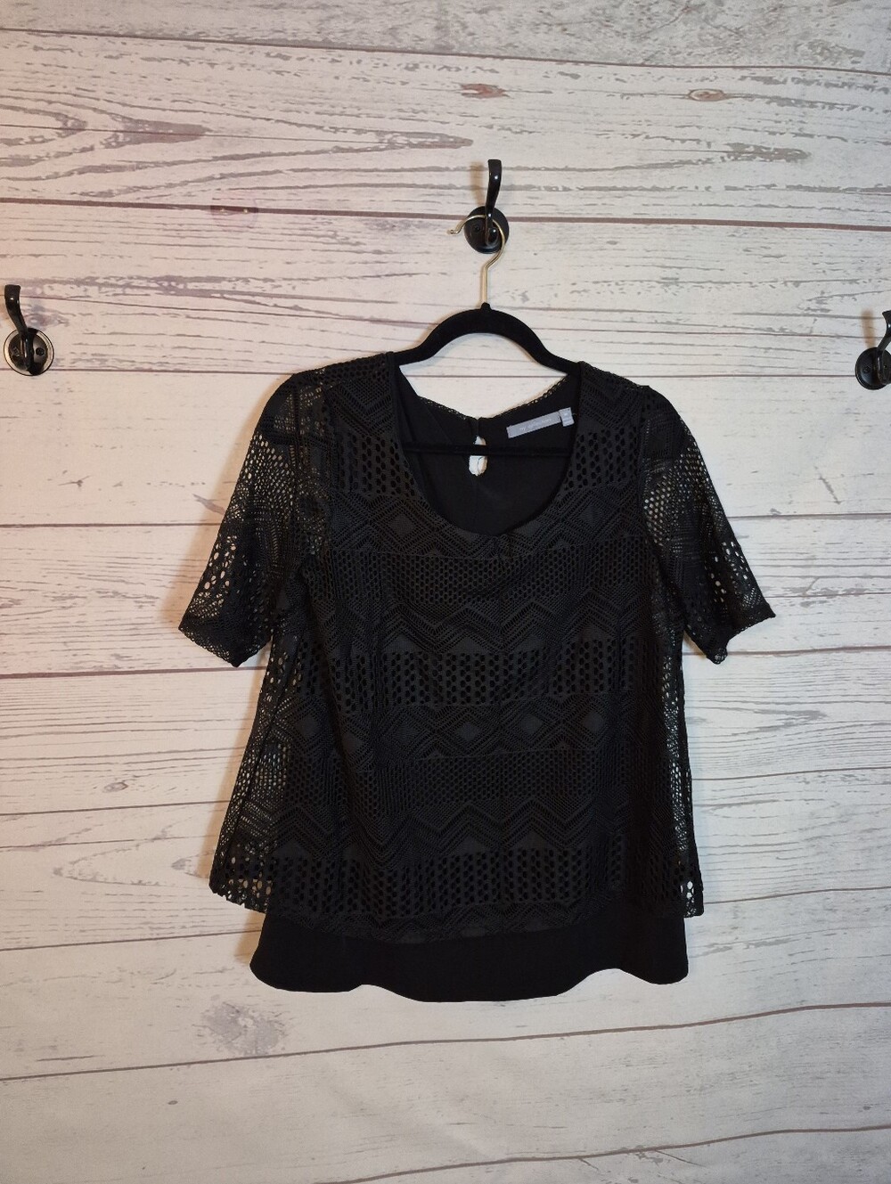NY Collection Black Lace Crochet Short Sleeve Top